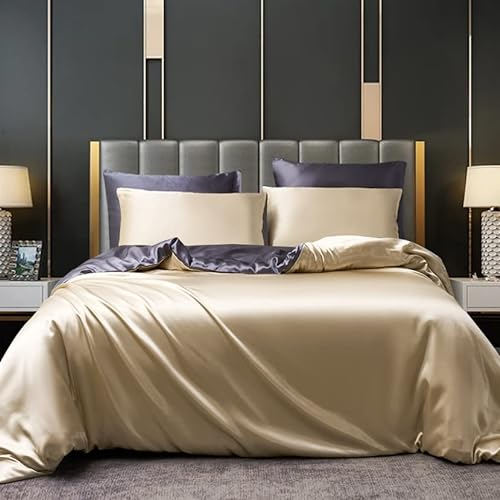 DXHOME Juego de ropa de cama de satén de 135 x 200 cm, liso, brillante, brillante, caqui, gris, liso, reversible, microfibra, ropa de cama de verano con cremallera y 1 funda de almohada de 80 x 80 cm