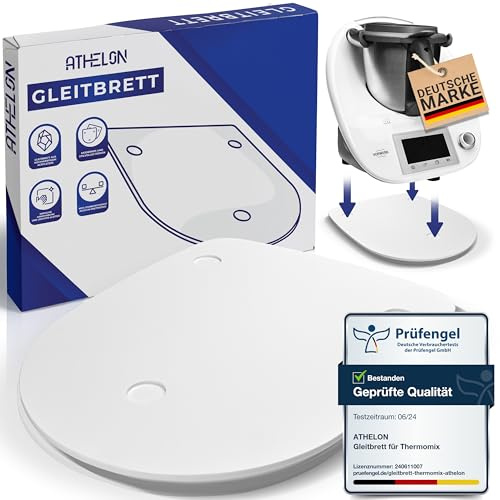 ATHELON® Gleitbrett (weiß) für Thermomix TM5 & TM6 [aus hochwertigem Acrylstein] - rutschfestes Rollbrett mit ergonomischen Griffmulden - Unterlage & Gleiter für den Vorwerk Thermomix