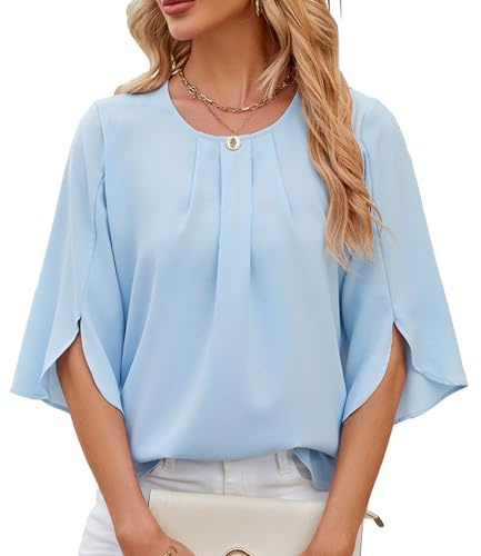 HANERDUN Tunique Décontractée à col en V pour Femmes Tunique pour Leggings Manches 3/4 Chiffon Blouse Shirt Tops
