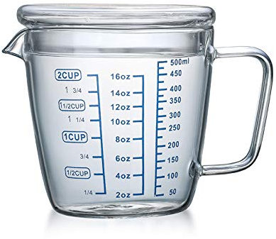 Glass Measuring Jug 500ml Microwave Glass Measuring Cup with Lid Ounce Heat Resistant Milk Coffee Tea Glass Cup Mixing Jugs for Home Kitchen Baking Transparent Clear Scale