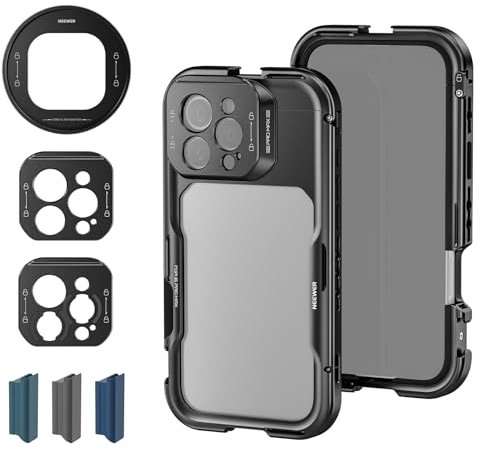 NEEWER 16 Pro MAX Cage Rig Video Estabilizador Teléfono Compatible con iPhone 16 Pro MAX, Adaptadores de Filtro 67mm, Lente de 17mm/Montaje en T, Acceso Total al Control de la Cámara,PA074