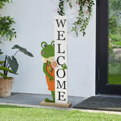 Glitzhome Welcome Sign for Front Porch, 36H Wooden Frog WELCOME Porch Sign Standing Large Signs for Home Front Door Yard Season Party Decor