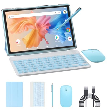 NOVOJOY 2 in 1 Tablet 10 Inch Android 14 OS Tableta, Tablets with Keyboard, Mouse, Case, Stylus, 64GB ROM+8GB RAM, 2MP+8MP Dual Camera, Quad Core Processor, 6000mAh Battery, 10.1 in FHD Tab Blue