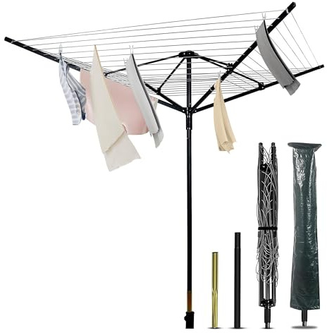 Etendoir Linge Extérieur - Antidérapantes, Séchoir Parapluie - Résistantes aux UV, Séchoir à Linge d'extérieur avec Housse de Protection, Douille en Métal à Planter dans Le Sol, Etendoir à Linge 50m