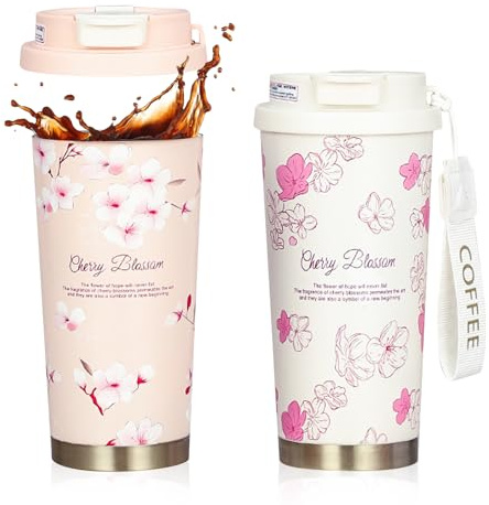 LEKEFETO Juego de 2 tazas de café para llevar de 500 ml, termo de acero inoxidable con pajita y tapa a prueba de fugas para bebidas calientes y frías, diseño Sakura, color blanco y rosa