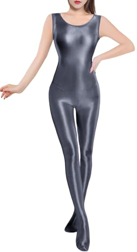 Women's Shiny Glossy Satin Smooth Tights Sexy Silky Seamless Zipper Full Bodysuits Sleeveless Unitard One Piece Stretch Gymnastics Catsuit Grey M
