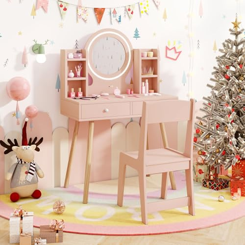 Maxmass Kids Dressing Table and Chair, Wooden Toddler Vanity Table with 2-Color LED Lighted Mirror, 2 Drawers, Storage Shelves, Children Makeup Desk Set Girls Princess Pretend Dresser (Dusty Pink)