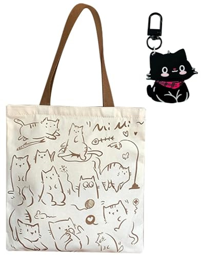 ZXTGBQ Shopper Borsa In Tela Con Motivo Di Gatto E 1 Portachiavi, Shopping Bag Donna, Tote Bag Aesthetic, Borsa Spesa Stoffa, Borsas Shopper Tela Riutilizzabile Per La Scuola, Quotidiano E I Viaggi