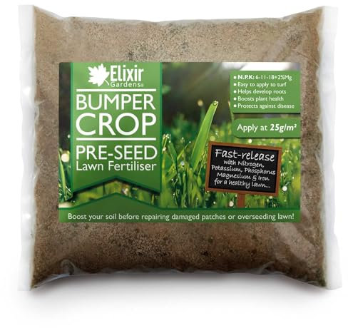 Elixir Gardens Bumper Crop Pre-Seed Lawn/Turf Fertiliser | Grass Seed Starter & Soil Prep for Overseeding & Patch Repair with Magnesium & Iron | N.P.K: 6-11-18 + 2% Mg + 0.6% Fe | 2.5kg Bag