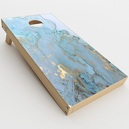 Skin Decal Vinyl Wrap for Cornhole Game Board Bag Toss (2xpcs.) Skins Stickers Cover/Teal Blue Gold White Marble Granite