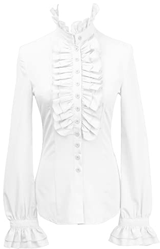 YILEEGOO Women Vintage Victorian Button Down Shirts Stand Collar Frilly Ruffle Gothic Blouses Retro Flared Sleeve Tops (White, S)