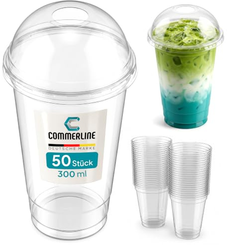 Commerline Smoothie Becher, 300 ml, 50 Stück, Slush Becher mit Domdeckel