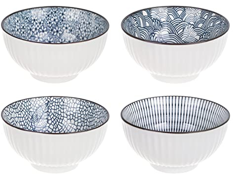 CoolChange Juego de cuencos de arroz japoneses, pintados a mano, 4 unidades, cerámica, diseño asiático, 12 cm, apto para microondas y lavavajillas