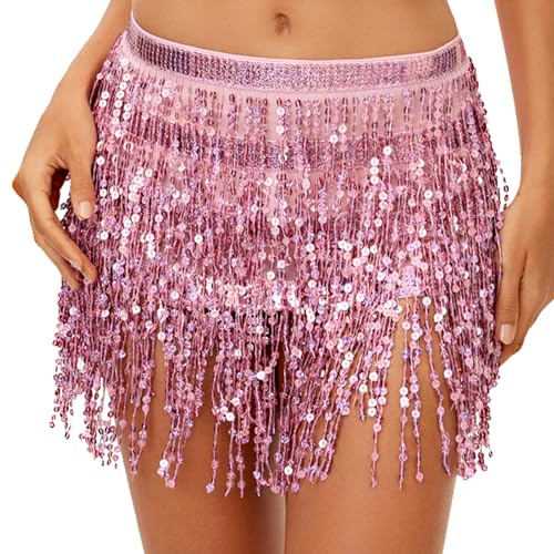 Faldas Lentejuelas Rosa con Borlas para Danza del Vientre Bufanda a la Cadera Falda Tutu Lentejuelas Brillantes Vestido Flecos de Carnaval con Borlas Disfraz de Danza del Vientre para Niñas Mujer