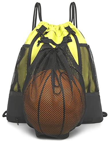 STAY GENT Drawstring Basketball Backpack for Boys & Girls, Soccer Foldable Football Volleyball Bag Sackpack Sports Sack with Detachable Ball Mesh Bag for Gym Baseball Yoga, Yellow