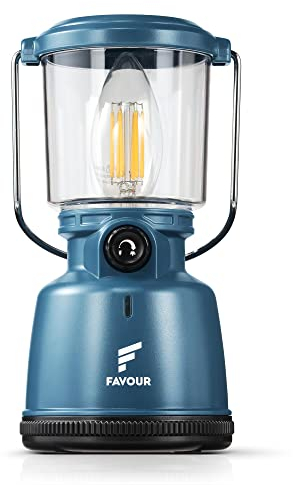 Favour Lampe LED Camping Retro, function sur batterie ou piles (non inclus), | Lanterne exterieur 320 Lumens, Réglable en continu, Mode Bougie, IP64 Étanche | Lampe de tente, crochet intégré