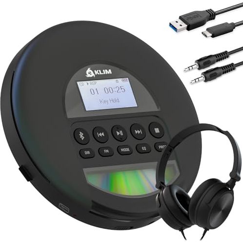 KLIM Nomad - Portable CD Player with Long-Lasting Battery - with Headphones - Radio FM - Compatible MP3 CD Player Portable - TF Card Radio FM Bluetooth - Ideal for Cars - Black
