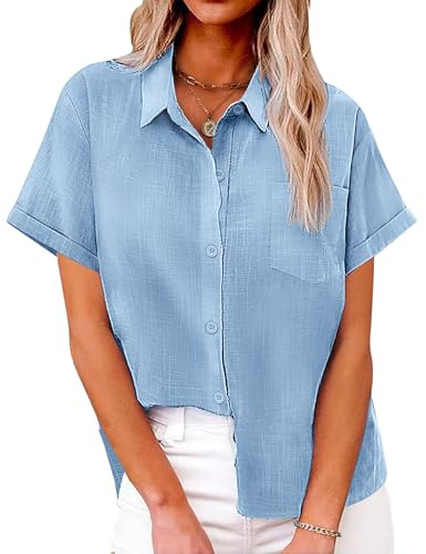 Niwicee Blusas Mujer Verano Camisa Manga Corta Cuello en V Botón Camisa Casual de Algodón Camisas Básicas de Color Sólido Elegantes Camisa Suelta con Cuello de Solapa y Bolsillo