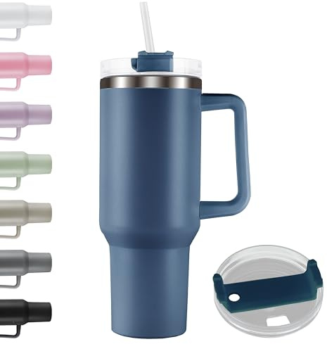 miku termosmugg med handtag | sugrör | rostfritt stål | resemugg med isoleringsskikt | kaffemugg dubbelvägg (blå)