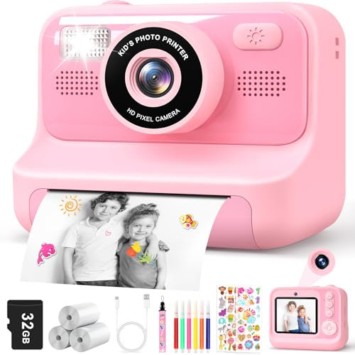 Subtail Appareil Photo Instantané Enfant - 2.4 Écran Appareil Photo Numérique Enfant avec Mode Selfie et Carte 32GB et Papier d'impression - Cadeau Jouet pour Enfant Garçons Filles de 3-12 Ans - Rose