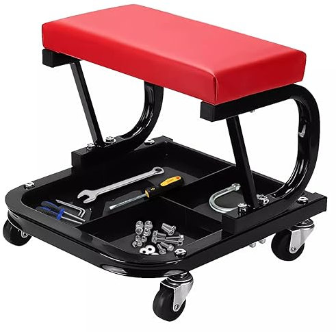 Mechanics Padded Creeper Trolley Seat – Heavy-Duty Garage Workshop Stool with Swivel Castors, Tool Tray & 150kg Capacity – Ergonomic, Oil-Resistant, Comfortable for Car, Van Maintenance & Repairs