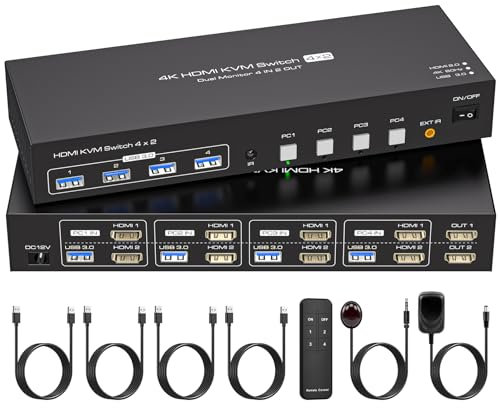 VPFET 4 port HDMI KVM Switch 4 PC 2 Monitor 4K60Hz USB 3.0 KVM Switches Simulation EDID pour 4 Computers Partageant 2 écrans et 4 ports USB 3.0 Comprend un Adaptateur DC12V et 4 câbles USB3.0