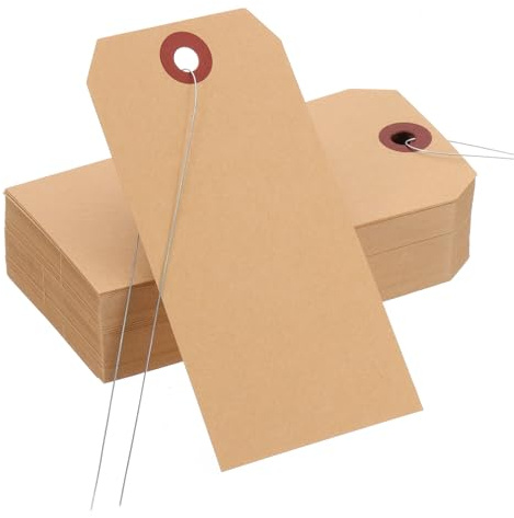 PATIKIL Etiquetas de envío en blanco, 100 etiquetas de envío de 4-3/4 x 2-3/8 pulgadas con alambre de manila con ojal reforzado para etiqueta de regalo de inventario, color marrón