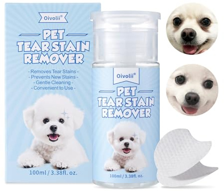 Natürliches Tränenfleckentferner für Hunde und Katzen 100ml, Augen Reinigungspads 50 Stück–Sanfte, sichere & Nicht reizende Formel. Entfernt effektiv Tränenflecken, Augensekrete, Ausfluss und Schleim
