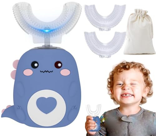 Toddla U-Shaped 360º Ultrasonic Toothbrush, 2025 Best Electric Toothbrush for Kids, Chewable Silicone Dino Tooth Brush with LED Lights, 3 Modes & IPX7 Waterproof, 15-Day Battery (Blue, 6-12 Age)