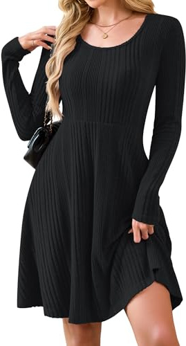 AUSELILY Long Sleeve Winter Dresses Women UK Knitted Crew Neck Jumper Dress with Pockets Black M