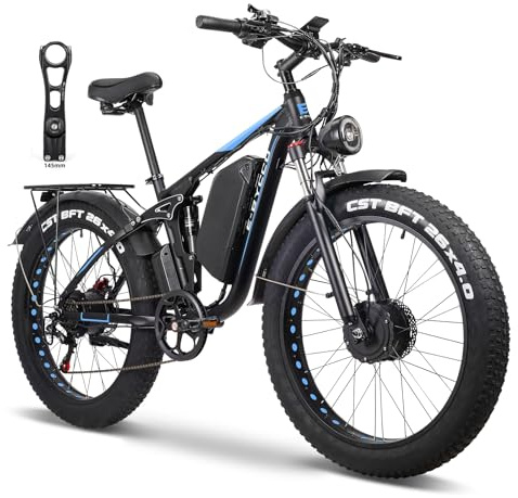 (26 EB7Pro Blue+Handlebar Riser) Electric Bike for Adults, 4000W Peak 6000W Dual Motor Fat Tire All Terrain Ebike, 52V 32AH, 90Mile & 45MPH E Bike, 7 Speed AWD Full Suspension Electric Bicycle