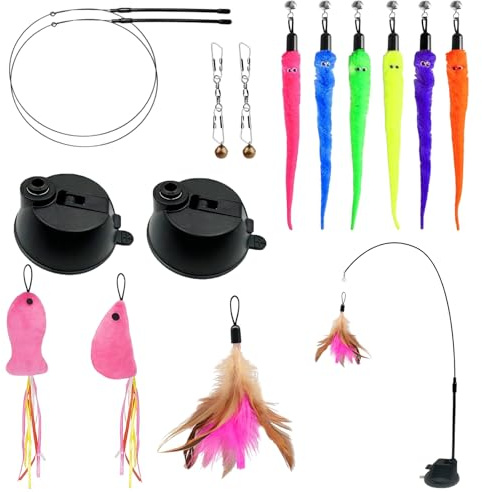 AYNKH 15PCS Sets Jouet à Plumes pour Chats, Plumes Baguette Magique Jouets pour Chats Intérieur, Canne à Pêche pour Chaton Interactif avec Ventouse