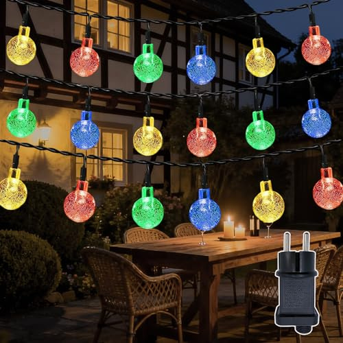 Hopelit Ljusslinga, utomhus, kristallkulor, 10 m, 100 LED-lampa, ljuskedja, inomhus, 8 lägen, vattentät, IP44, ljusslinga, ström med timer för rum, trädgård, balkong, juldekoration – färgglad