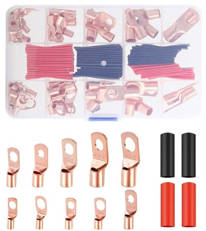 RUISPEED Capocorda in rame 130 pezzi, AWG 2 4 6 8 10 12 terminali per batteria con 66 pezzi di tubi termorestringenti Set, 64 pezzi di capocorda ad anello assortimento per barche, veicoli, cavi,