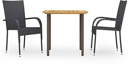 Teenpull 3-TLG. Gruppo da giardino in polyrattan nero, legno di acacia e acciaio, tavolo da 80 x 80 cm, 2 sedie impilabili per esterni e balcone, mobili salvaspazio