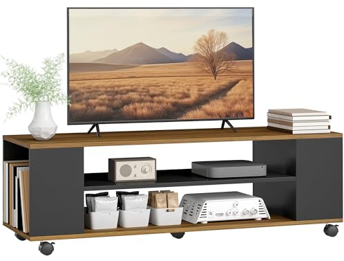 HOMCOM Mueble de TV con Ruedas, Mesa de TV Suspendido o de Pie, para Salón, con 4 Estantes Abiertos, para Televisión de 55 Pulgadas, Estilo Moderno, 120x40x38,5 cm, Nogal y Negro