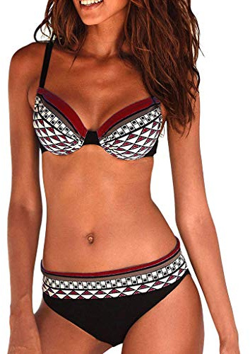 Bikini Sets for Women V Neck Swimming Costume Plus Size Sexy Print Bikinis Set Two Piece Swimsuits Beach Suit Swim Push up Women Swimwear Soft Pool Micro Bikini Wine