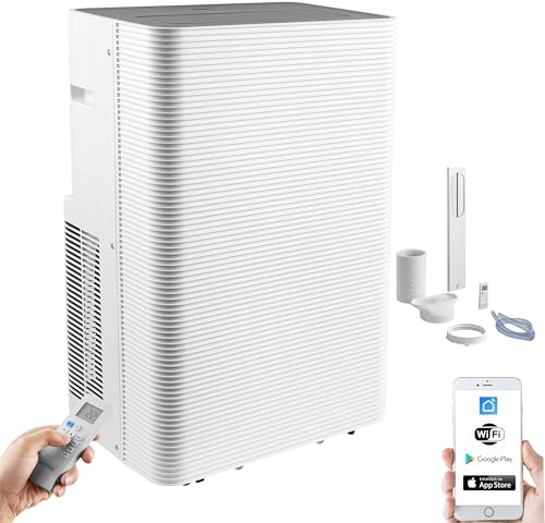 Echos® Mobile Klimaanlage 12.000 BTU mit Abluftschlauch WiFi & Fensterabdichtung Mobiles Klimagerät Leise ≤56dB App/WLAN Steuerung Fernbedienung 24h Timer 3in1 Luftkühler, Luftentfeuchter & Ventilator