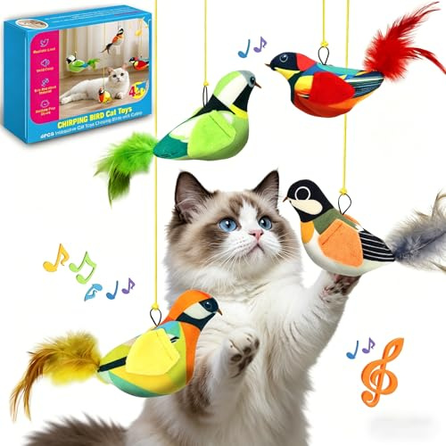 Set Da 4 Pezzi | Set Di Giocattoli Interattivi Per Gatti Con Uccellino Che Emette Suoni Realistici e Resistente Ai Morsi, Con Erba Gatta, Effetti Sonori Realistici e Piume In Peluche | Giocattolo Sosp