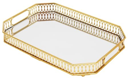 Bandeja de cristal dorada, bandeja de espejo con asas, bandeja decorativa, bandejas de espejo, bandejas de perfume, bandeja de baño para salón, baño, cocina, rectangular, 35 x 25 x 5 cm