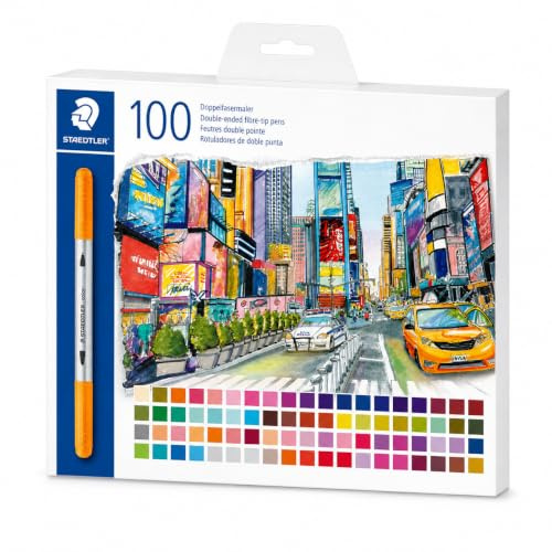 STAEDTLER 3200 Dubbelspetsade fiberpennor – etui med 100 pennor för vuxna och barn, 2 spetsar, 3,0 mm och 0,5–0,8 mm streckbredd - 3200 C100P