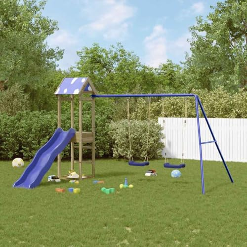 LoogCape Tour de jeu en bois de pin imprégné avec toboggan, balançoire et bac à sable pour enfants dans le jardin, appareil de jeu en bois résistant aux intempéries avec cadre d'escalade, anneaux