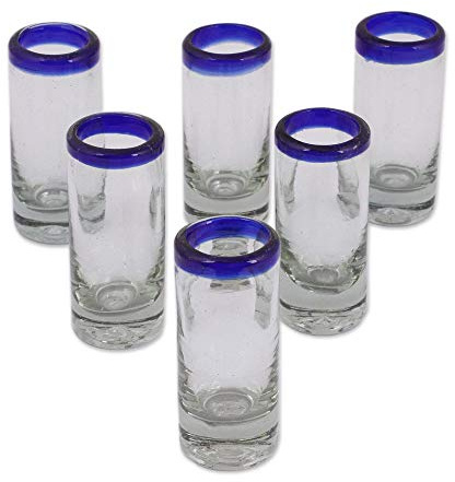 NOVICA Artisan Crafted Hand Blown Clear Blue Rim Recycled Glass Shot Glasses, 2 Oz. 'Tequila Blues' (Set Of 6)