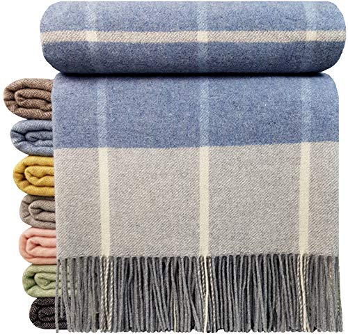 STTS International Kaschmir Decke Wolldecke Wohndecke 100% Wolle - Kaschmir - Mix 140 x 200 cm sehr weiches Plaid Kuscheldecke Faro (Hellblau-Grau-Weiß (Karo))