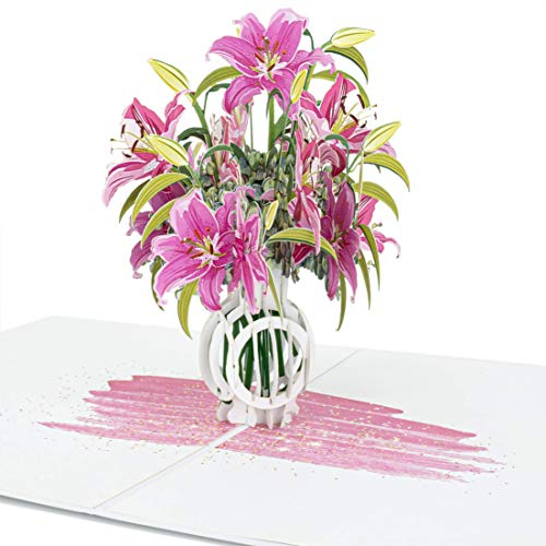 LIMAH® Pop-Up 3D Grußkarte/PopUp 3D Blumen-Karte zum Geburtstag für Sie, Muttertag, Valentinstag, Hochzeit/Lilien in einer Vase Motiv/in Rosa Weiss