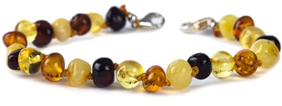 Baby J's - Multi-Coloured Bracelet - Premium Adjustable Amber Bracelet/Anklet - 100% Genuine Baltic Amber - With Adjustable Clasp - 12-17cm - Knotted to Prevent Scattering