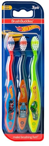 Brush Buddies Hot Wheels - Cepillos de dientes manuales para niños, paquete de 3, cepillos de dientes infantiles de cerdas suaves con divertidos diseños multicolor, asas de agarre antideslizantes