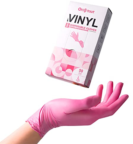 OriStout Disposable Gloves for Women, Pink Vinyl Gloves Disposable Latex Free for Cooking, Food Prep, Cleaning, Hair Dye, Tattoo, Medium Duty, Touch Screen, Large, 50 Pack