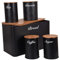 HOCHSTE Kitchen Storage 5 Pieces Canister Set With Bamboo Lids Bread, Tea, Coffee, Sugar & Biscuits With Diamond Pattern Round Jars (Black 20)