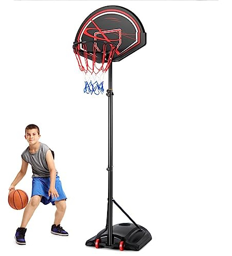 GYMAX Adjustable Basketball Hoop and Stand, Portable Basketball Stand with 2 Wheels, Outdoor Basketball Backboard System for Kids Adult (210-270cm)
